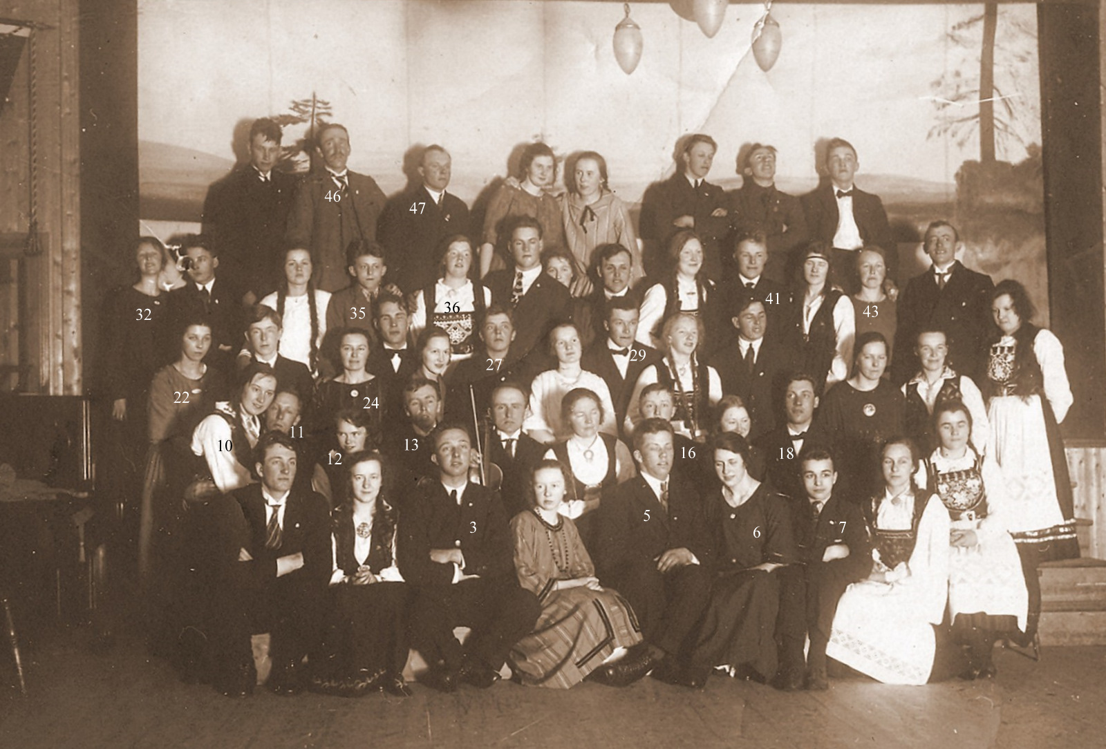 Ungdomslaget Arnljot Geline samlet til leikarkurs i forsamlingshuset på Stiklestad  omkring  1923. Utlånt og navnsatt av Oddbjørn Øgstad og Ingrid Bjørgan.